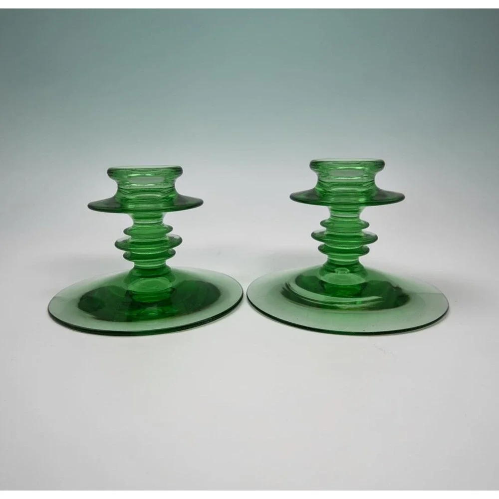 Vintage Pair Of Green Uranium Glass Candle Holders Depression Vaseline UV Glow
